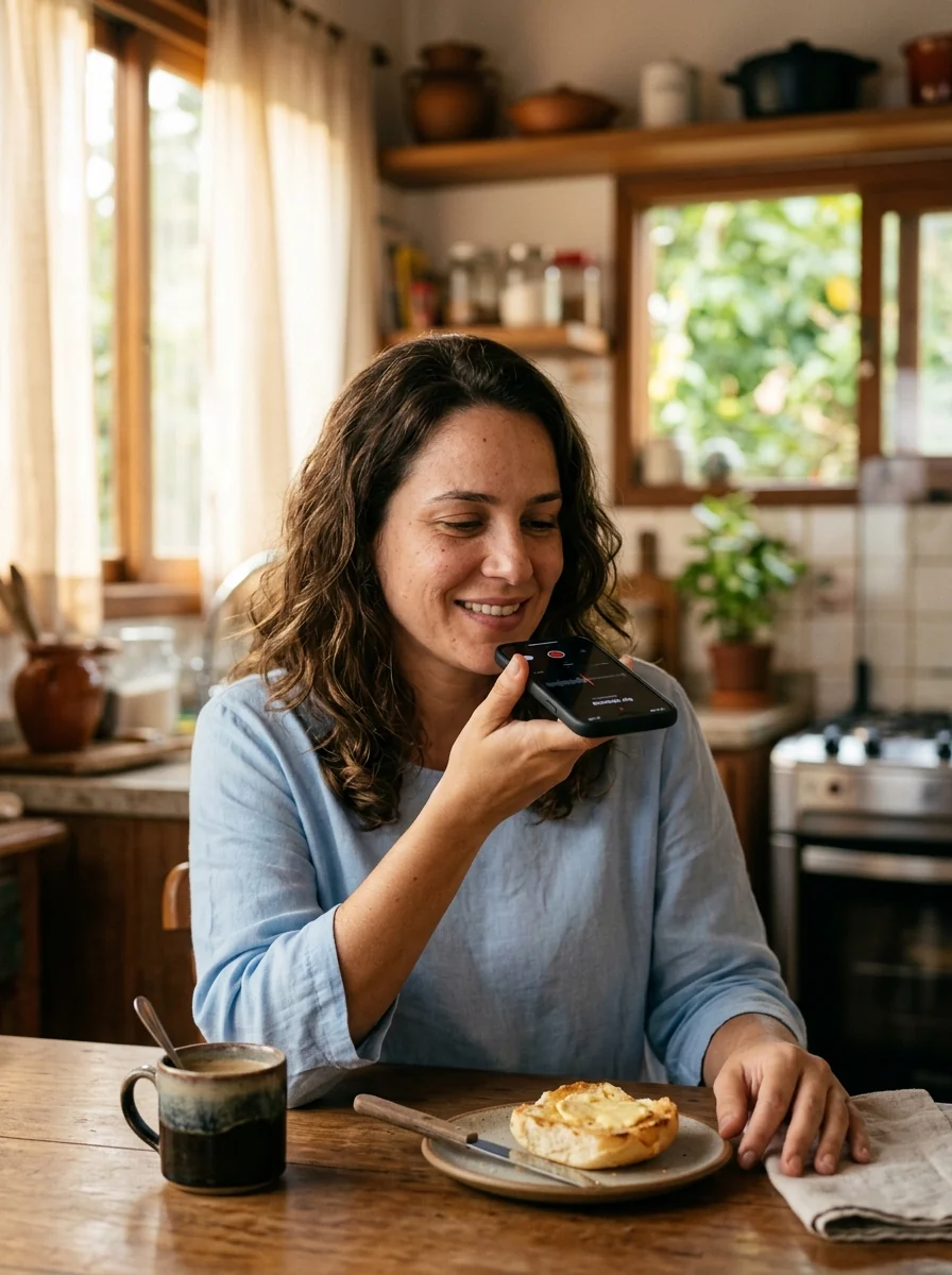 Mulher registrando por áudio o café da manhã no celular, sentada à mesa da cozinha
