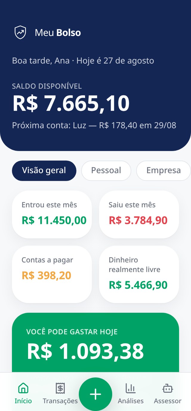 Painel do Meu Bolso com entrou e saiu no mês, contas a pagar e dinheiro realmente livre