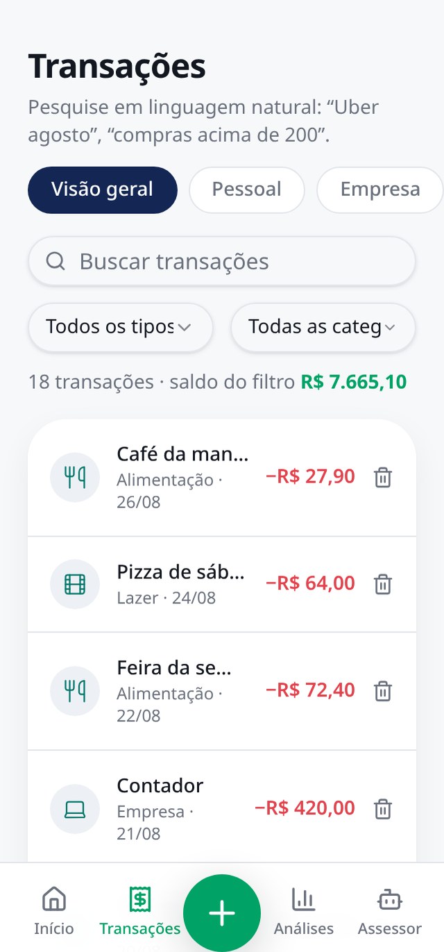 Tela de Transações do Meu Bolso com o seletor de carteiras Pessoal e Empresa e a lista filtrada